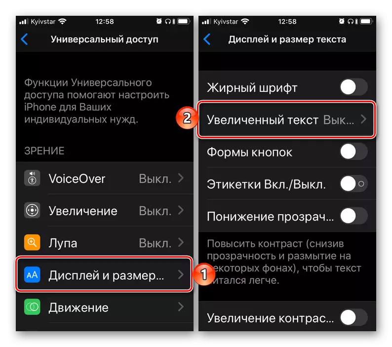Mga setting ng setting ng seksyon at laki - pinalaki ang teksto sa iPhone