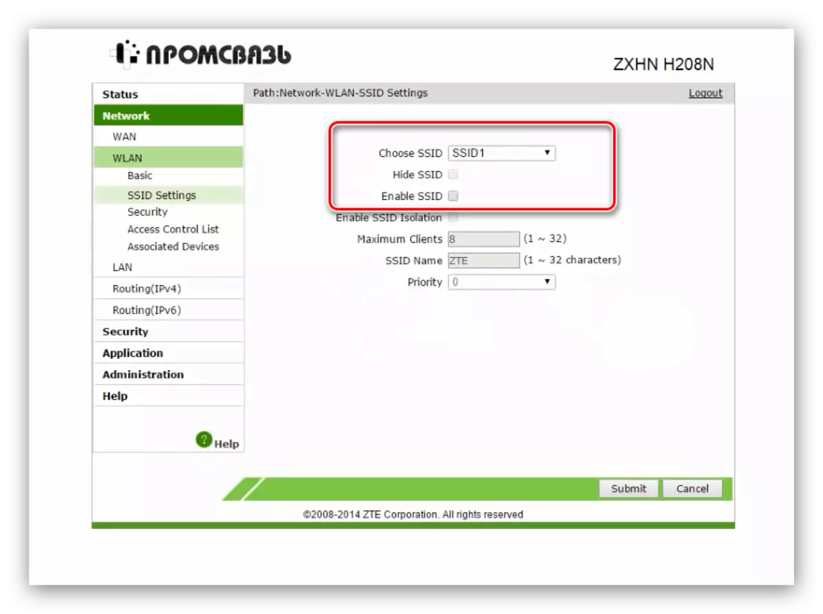 Име на мрежата опции, за да конфигурирате Wi-Fi на модем ZTE ZXHN H208N