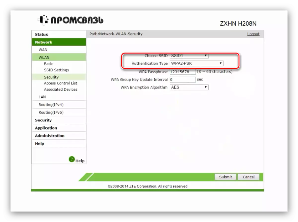 ZTE ZXHN H208N موڈیم پر وائی فائی کو ترتیب دینے کے لئے سیکورٹی کی ترتیبات