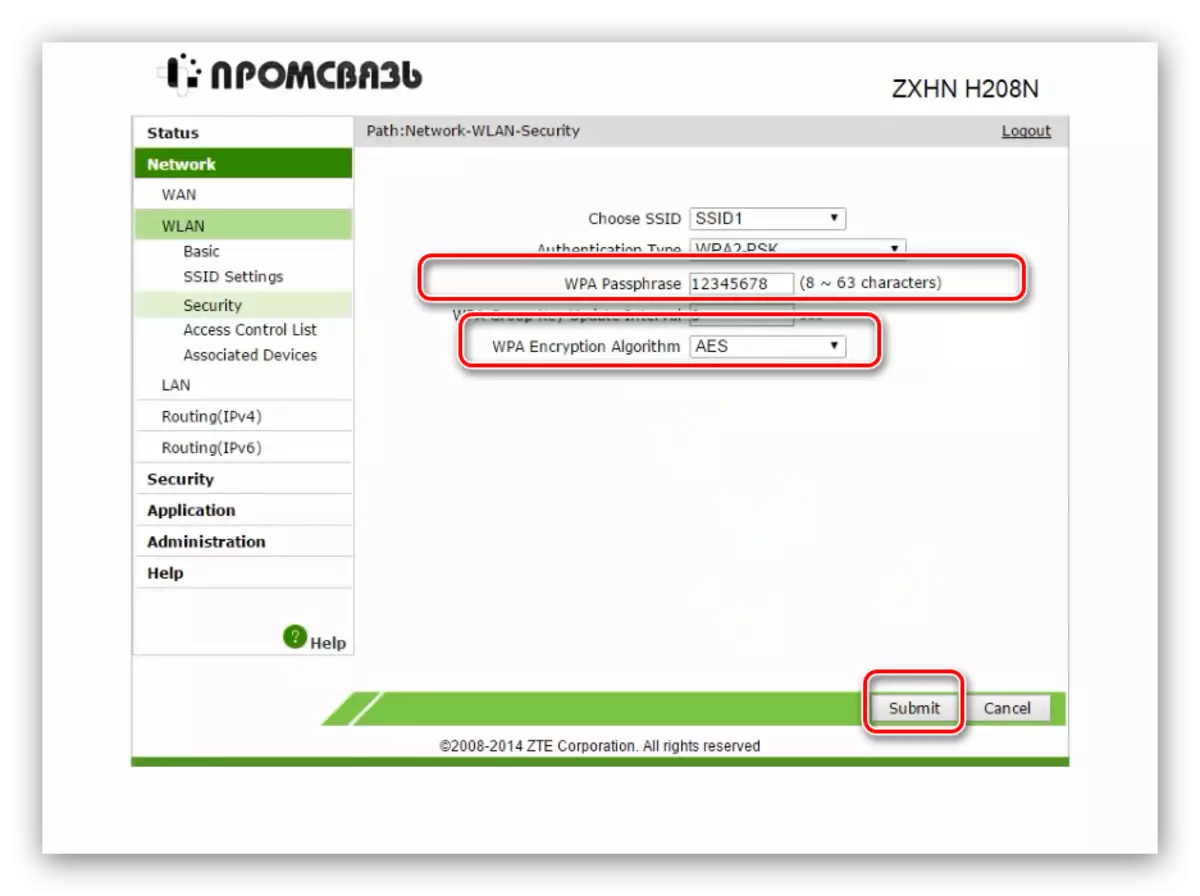 Encryption да настроите Wi-Fi на модем ZTE ZXHN H208N