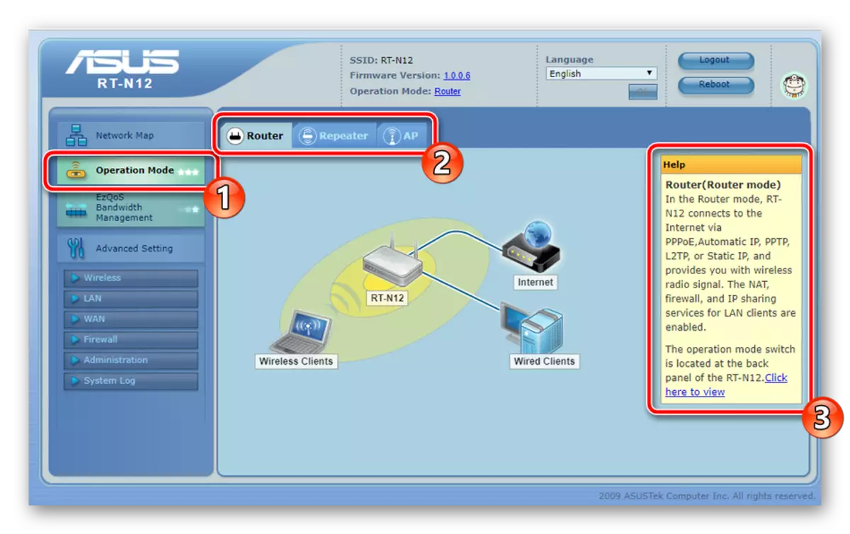 Selezionare la modalità router ASUS RT-N12 nell'interfaccia Web