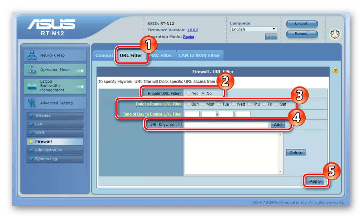 Aktipkeun URL nyaring alamat on ASUS RT-N12 router