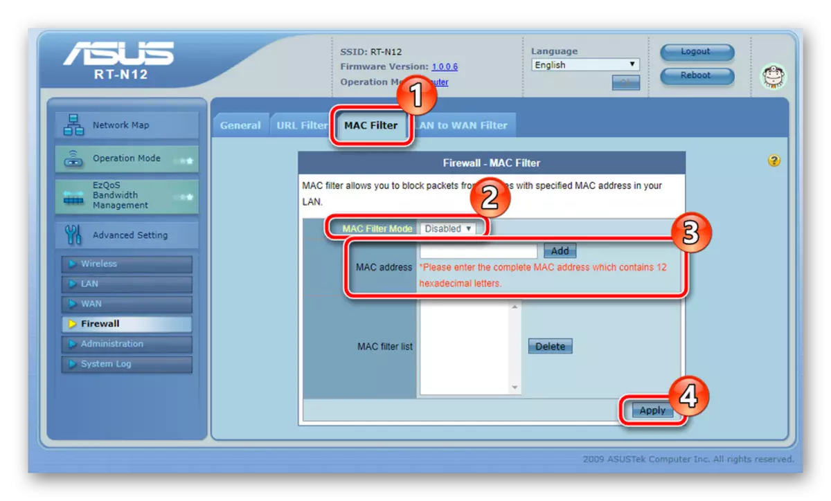 Aktipkeun Global Mac Filter on ASUS RT-N12 router