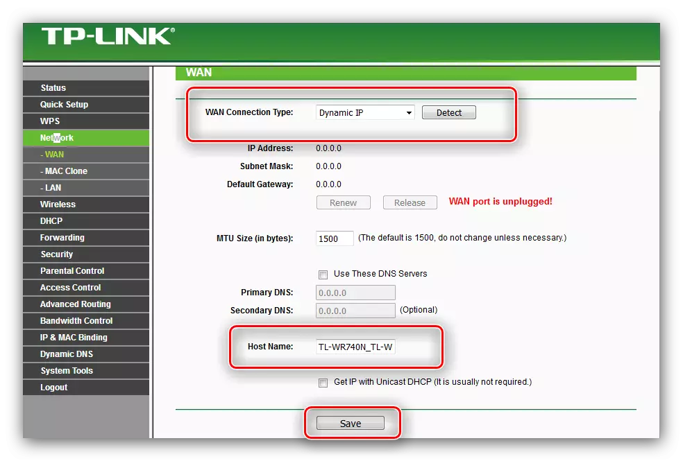 Vyberte a konfigurujte Dynamic IP na konfiguráciu TP-LINK TL-WR741ND ROUTER