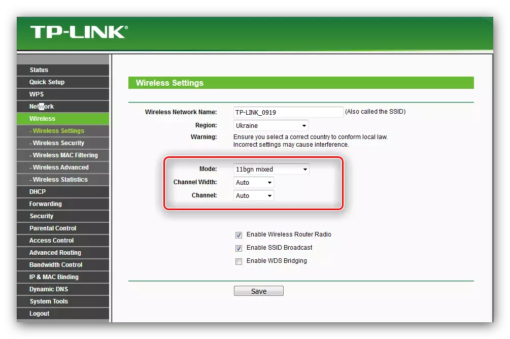 Mga parameter ng mode para sa pagtatakda ng WiFi sa TP-LINK TL-WR741ND ROUTER