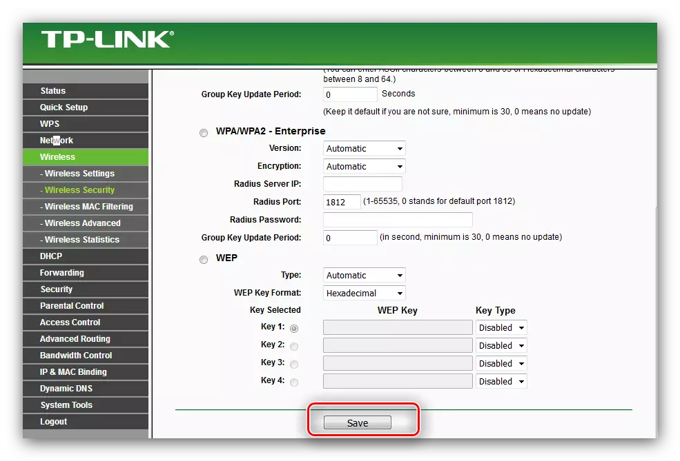 Save WiFi Security Settings na TP-Link TL-WR741ND Router