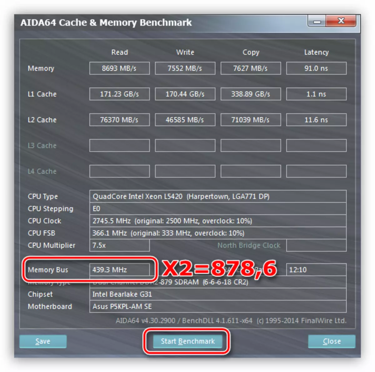 Pridobivanje frekvence RAM med testiranjem hitrosti v programu AIDA64