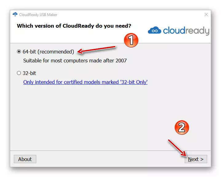 Valg af bit af systemet for at oprette et boot flashdrev i CloudReady USB Maker Utility