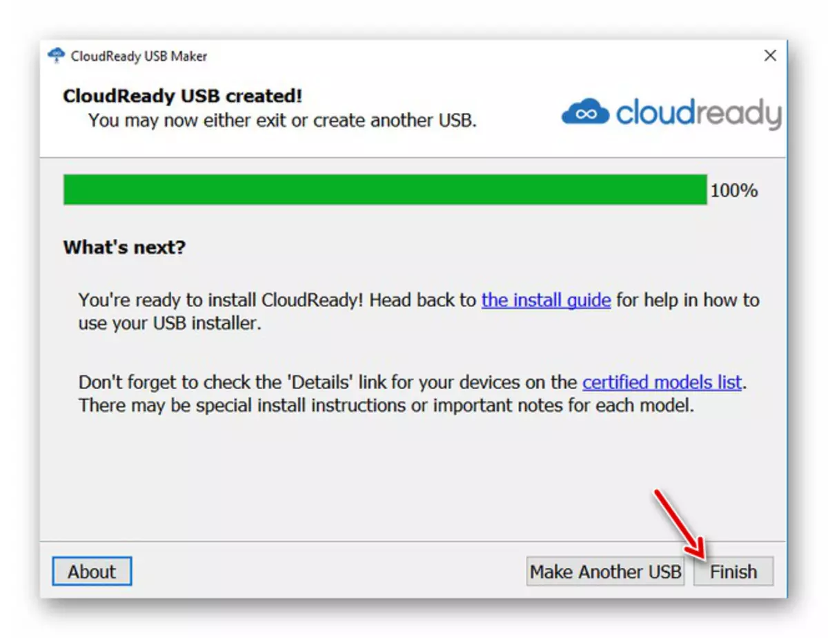 Úspěšná tvorba operace vytváření tvorby souborů Clouds Chrome OS v Cloudready USB Maker