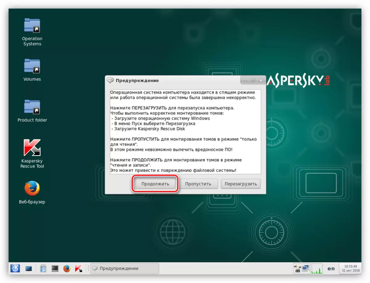 Voortzetting van het werk van Kaspersky Rescue Disk in grafische modus
