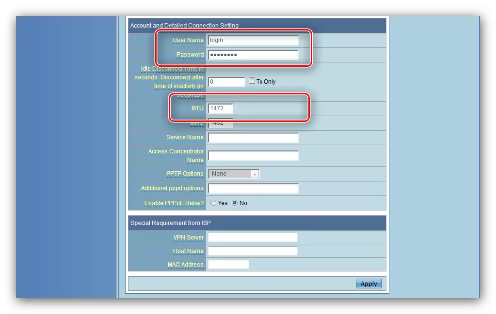 Nhập số đăng nhập, mật khẩu và số MTU để định cấu hình PPPoE trong bộ định tuyến ASUS RT-G32
