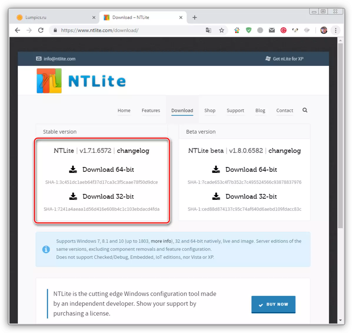 Запампоўка праграмы nLite для Windows 7 з афіцыйнага сайта