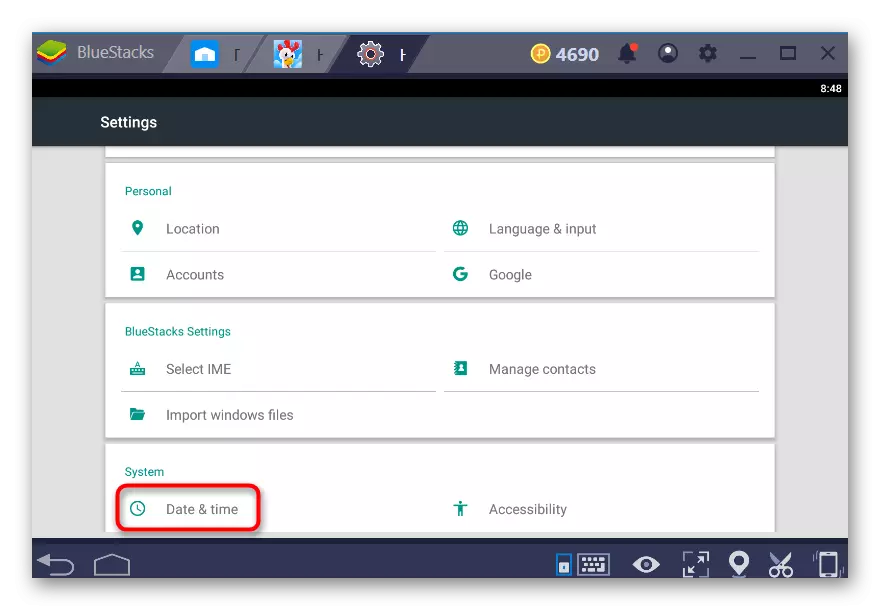 Date and time in Android settings in Bluestacks