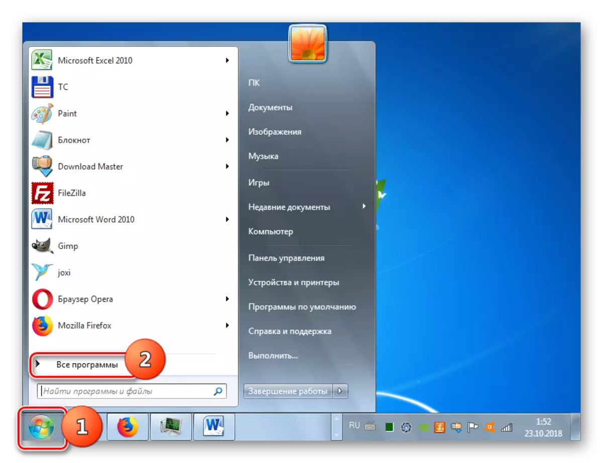 Vai a tutti i programmi tramite il menu Start in Windows 7