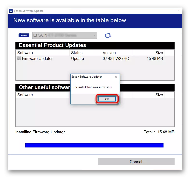 Powiadomienie o zakończeniu instalacji aktualizacji w Epson Update Updater