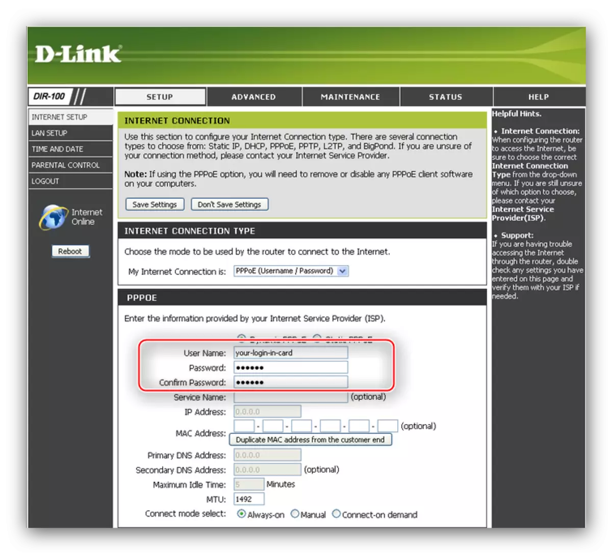 Introduïu connexions PPPoe d'inici de sessió i contrasenya per configurar el router D-LINK LINK 100