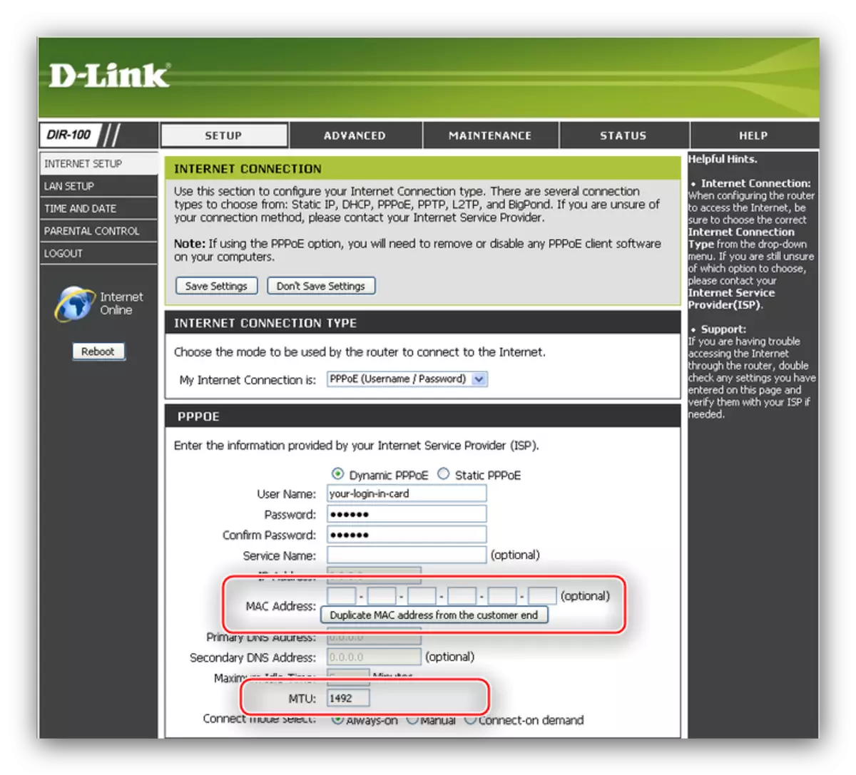 MTU ja kloonimise riistvara valimine PPPoE-ühendus D-Link Dir-100 ruuteri konfigureerimiseks