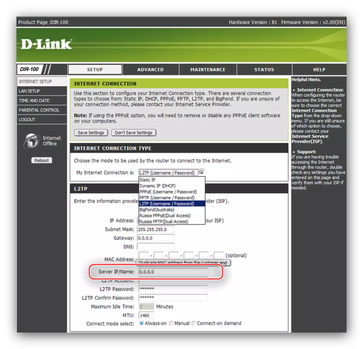 Ange VPN Server Server L2TP-leverantörsservern för att konfigurera D-LINK DIR-100-routern