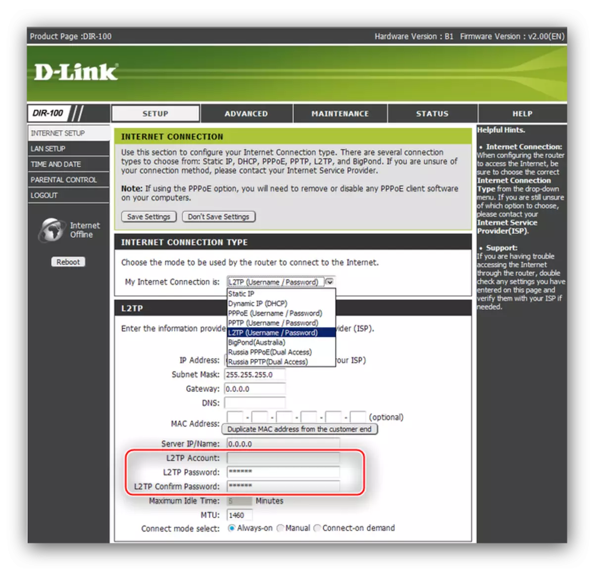 وارد کردن داده های مجوز از ارائه دهنده اتصال L2TP برای پیکربندی روتر D-Link DIR-100