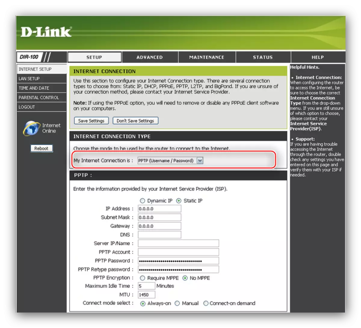 Vyberte režim PPTP na konfiguráciu D-Link DIR-100