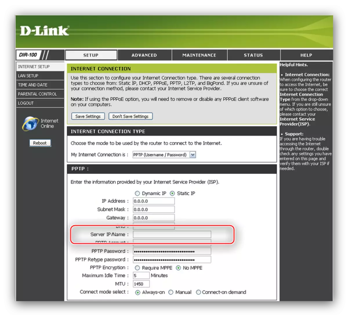 Adja meg a PPTP csatlakozó kiszolgálót a D-LINK DIR-100 konfigurálásához