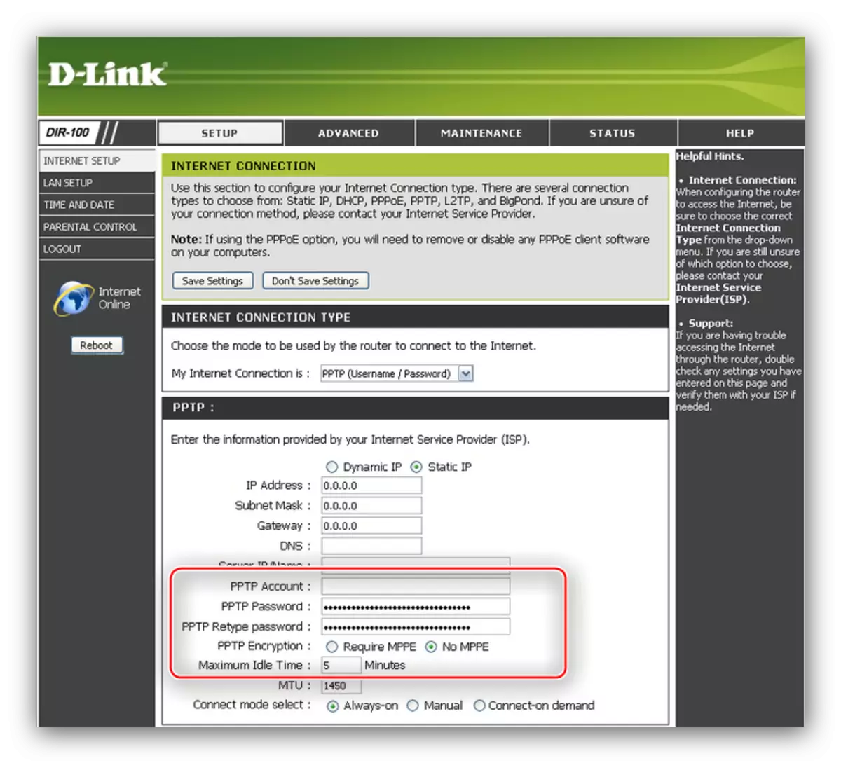 тохируулах D-Link DIR-100 зөвшөөрөл мэдээлэл PPTP холболт оруулна уу
