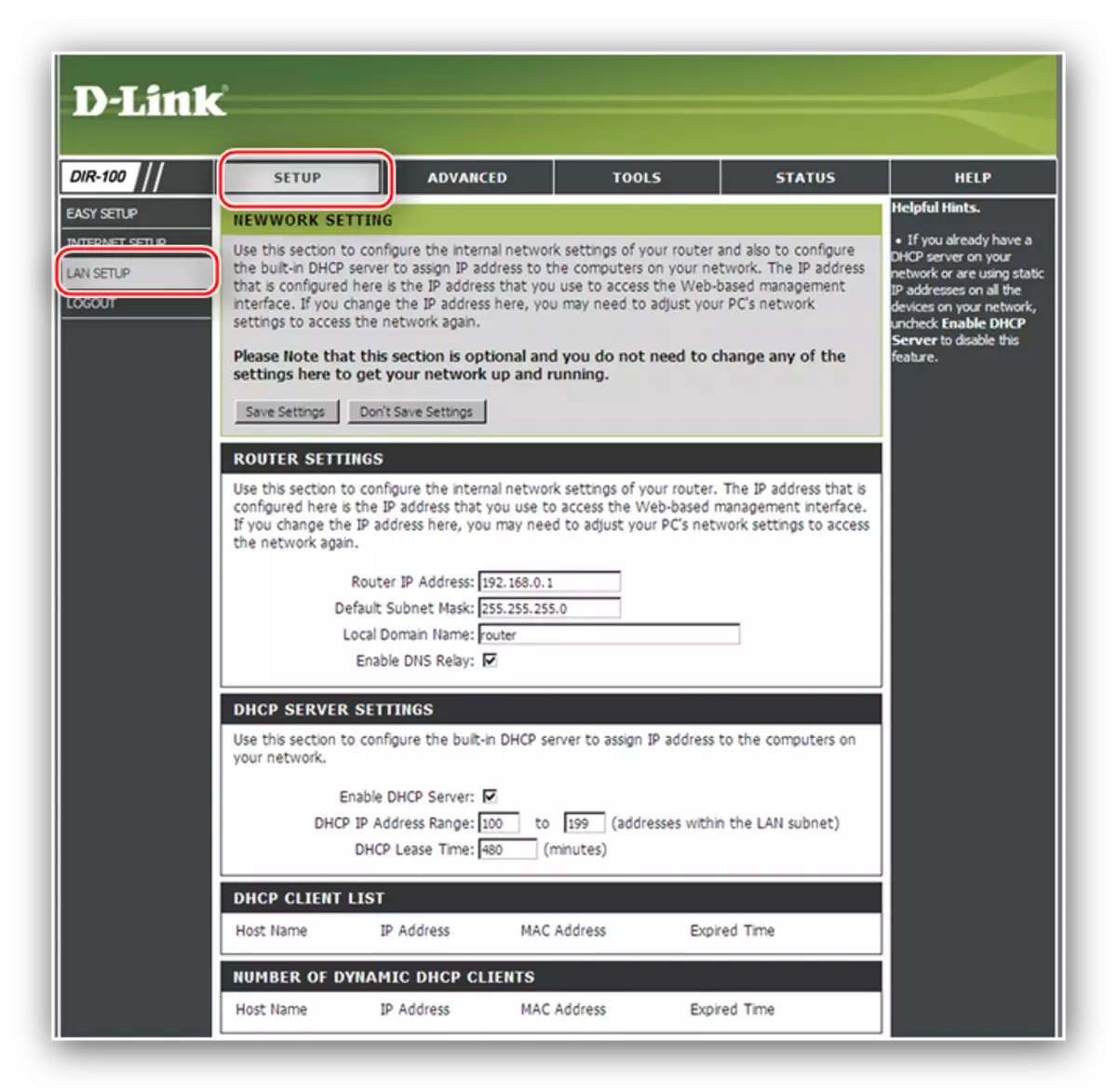 D-LINK DIR-100 маршрутизаторын конфигурациялау үшін LAN конфигурациясына өтіңіз
