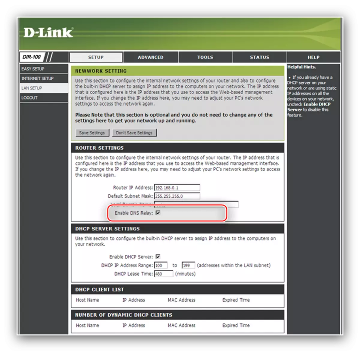 D-Link Dir-100 роутерди конфигурациялоо үчүн LAN конфигурациясы үчүн релесин жандырыңыз