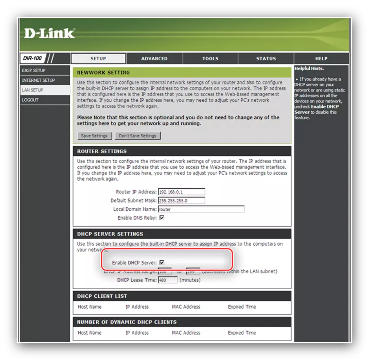 Dinamikus szerver engedélyezése, míg a LAN konfiguráció konfigurálva van a D-Link Dir-100 router konfigurálására
