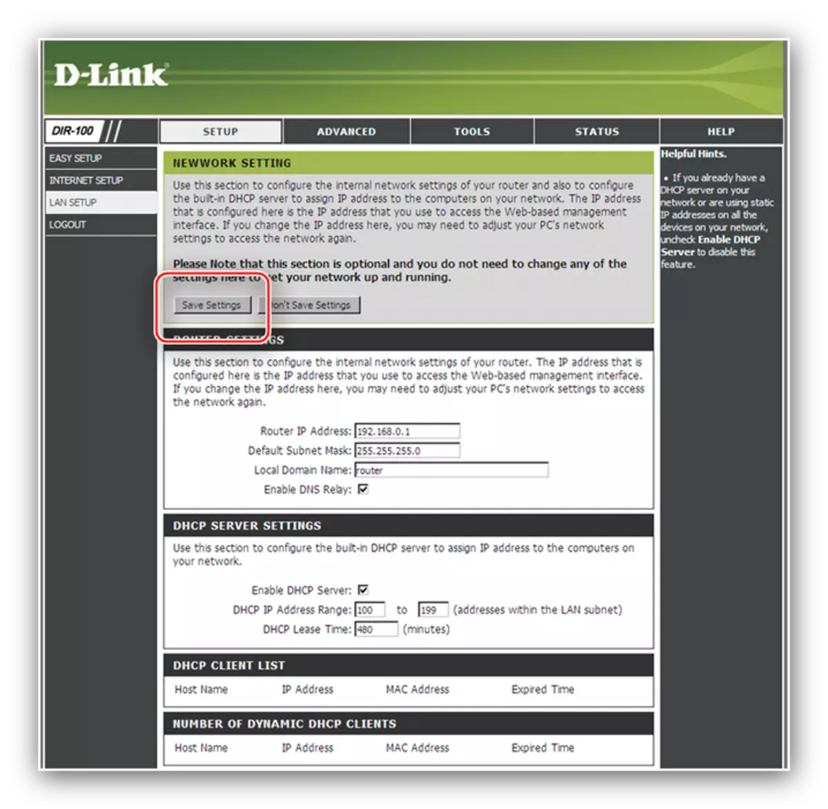 Voltooi de configuratie van het LAN-netwerk om de D-Link DIR-100-router te configureren