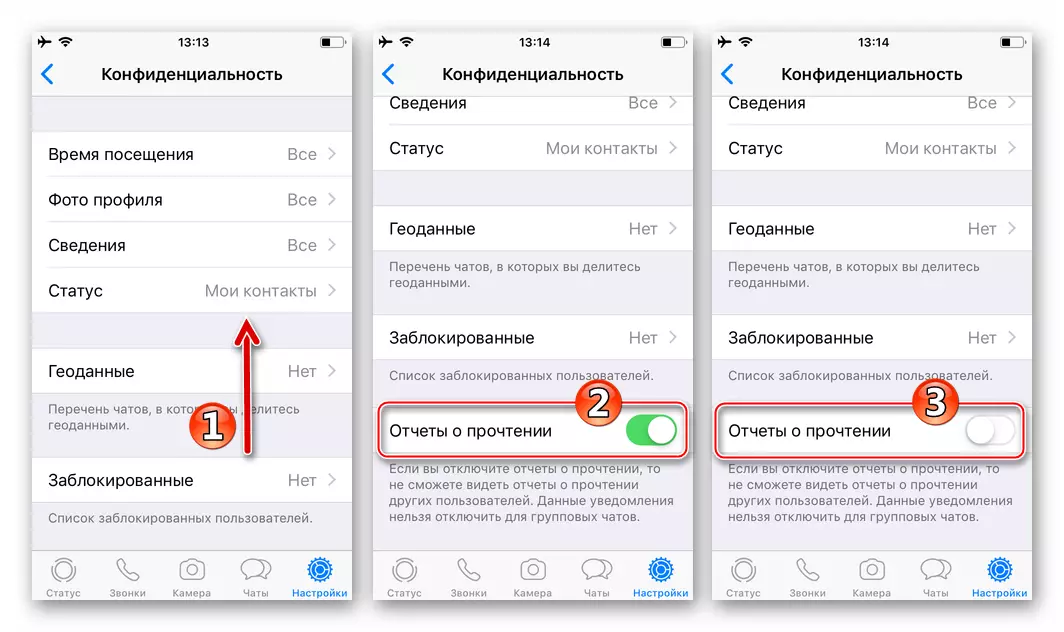 WhatsApp per a iPhone Desactivar informa sobre la lectura en la configuració de confidencialitat de l'missatger