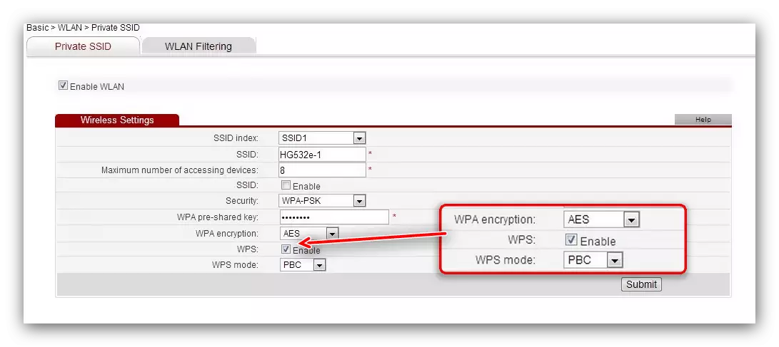 Seleccione o tipo de cifrado de rede e configure a configuración WPS para configurar Wi-Fi en Huawei HG532E