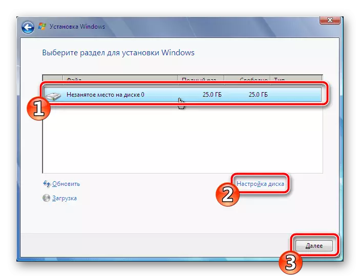 Selezione di una sezione per installare Windows 7