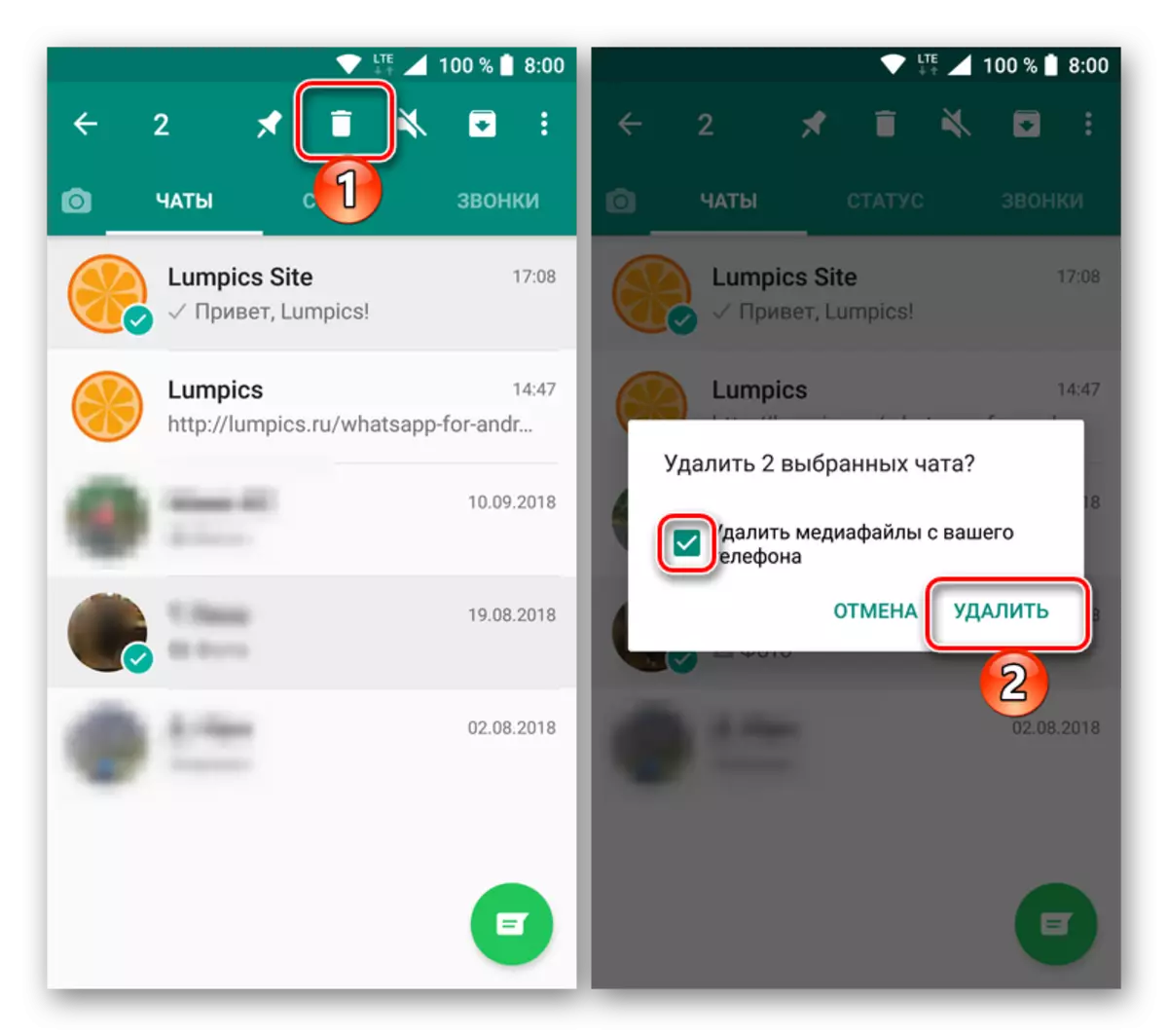 Eliminarea mai multor chat-uri selectate în Messenger Vatsap pentru Android