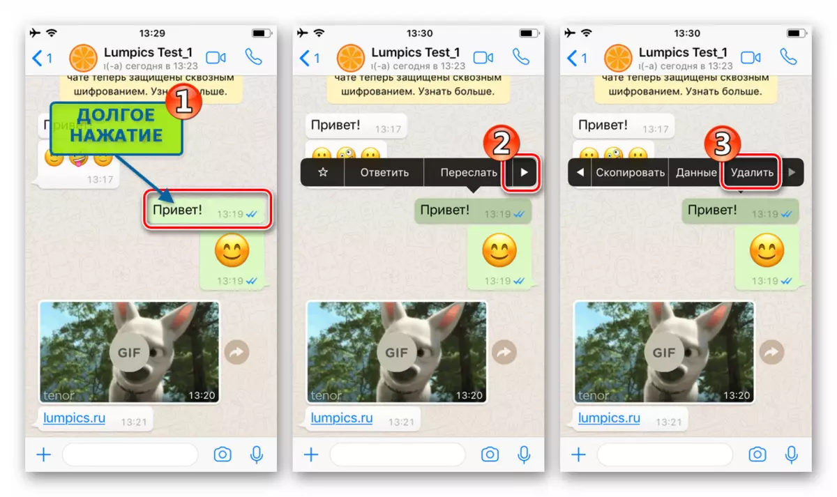 Whatsapp per l'azione del menu per iPhone per il messaggio - Elimina