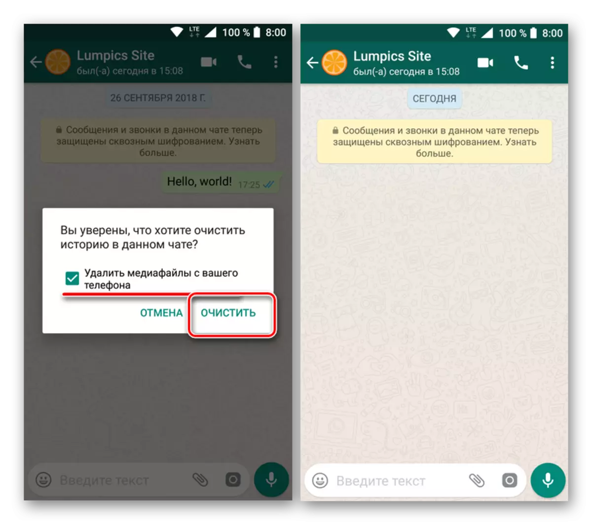Bekräftelse av rensning Rengöring från meddelanden och mediefiler i Whatsapp-applikationen för Android