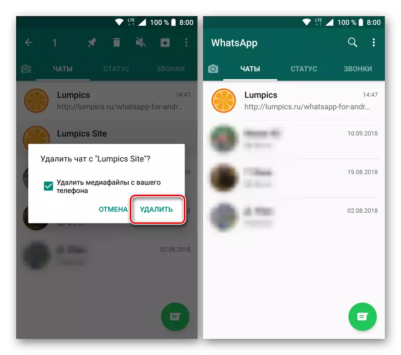 La chat evidenziata rimossa correttamente nell'app impostata per Android