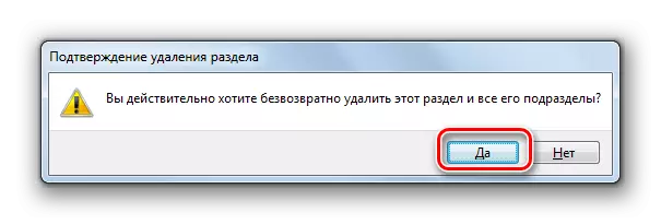 Conferma della cancellazione della partizione nella finestra di dialogo Editor del registro di sistema in Windows 7
