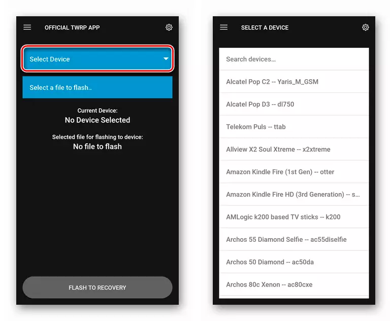 Select the desired device model in the Official TWRP App