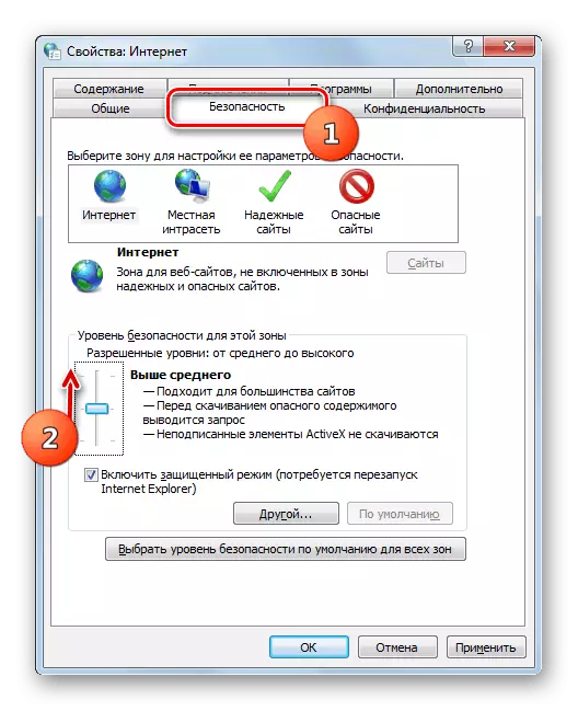 Justering af sikkerhedsniveauet i vinduet Browser Egenskaber i Windows 7