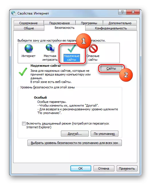 Idi na dodavanje web resurs za sigurnu lokacijama u prozoru sa svojstvima preglednika u Windowsima 7