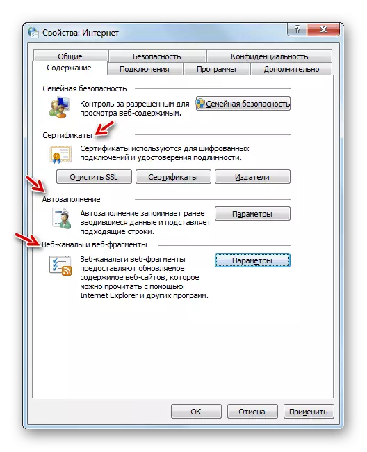 Postavljanje parametara na kartici sadržaja u prozoru svojstava preglednika u sustavu Windows 7