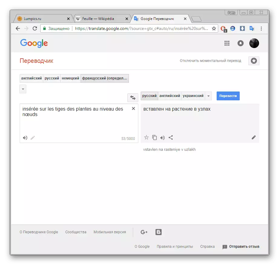 Montrante la tradukon de la teksta fragmento en la Google Chrome-retumilo