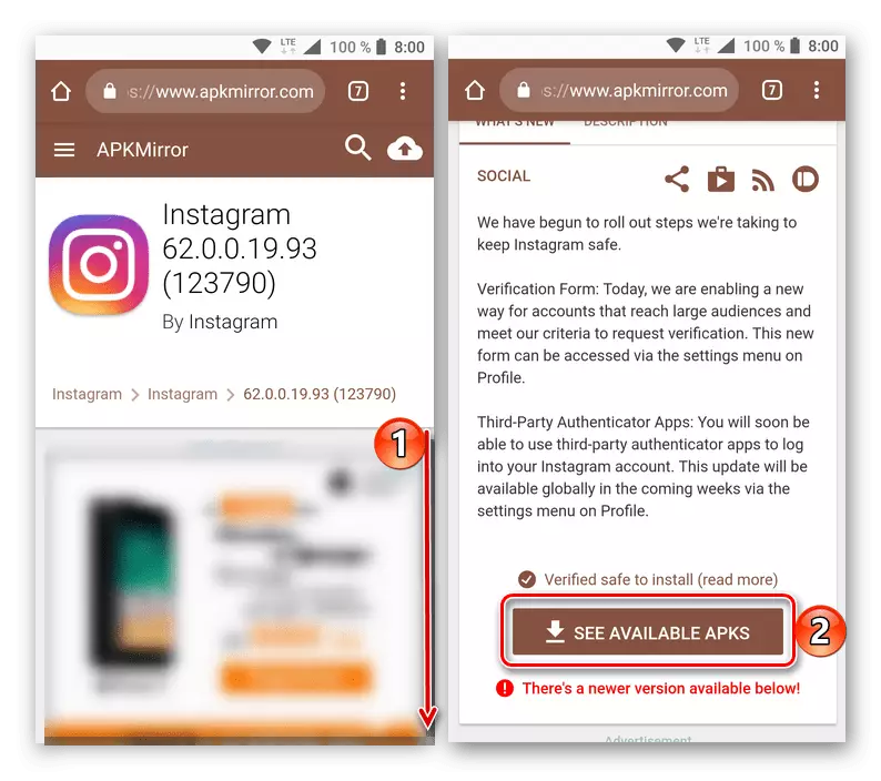 Trasporto per visualizzare le versioni applicative Instagram disponibili per l'installazione tramite APK