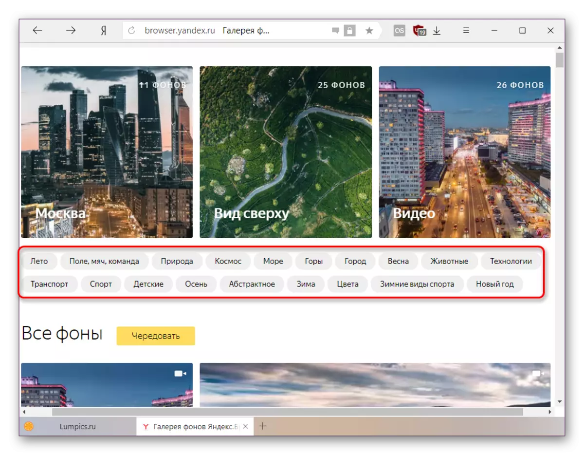 Sezioni della Galleria Backgrounds Yandex.Bauser