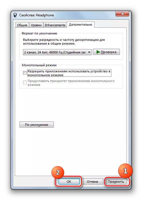 Wijzig instellingen opslaan in het venster Hoofdtelefoon Eigenschappen in Windows 7