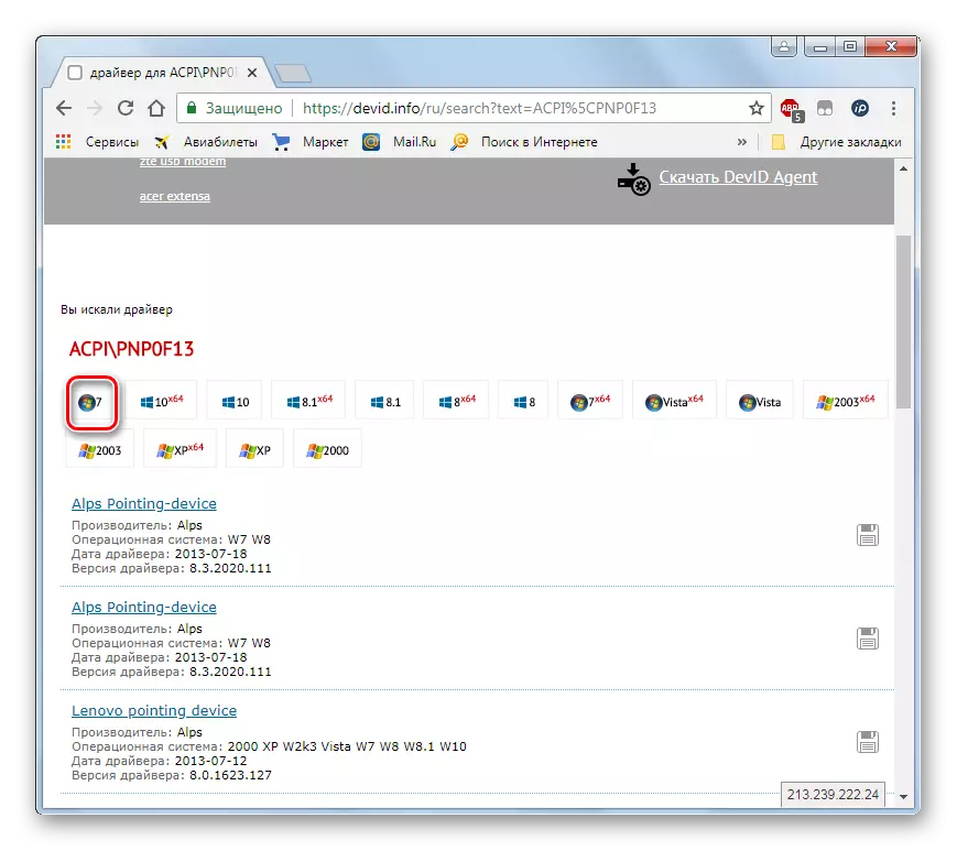 Urval av operativsystemet för att söka efter drivrutiner på Devid.info i Opera Chrome-webbläsaren
