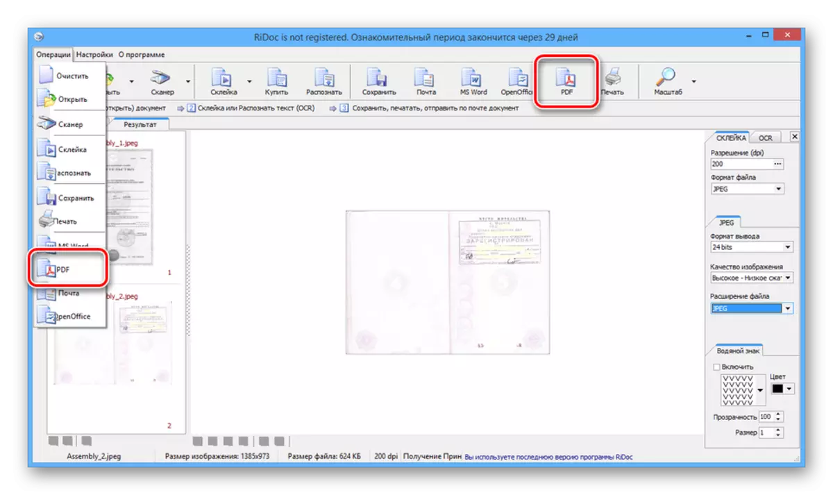 Peralihan ke penjimatan fail PDF di RIDOC