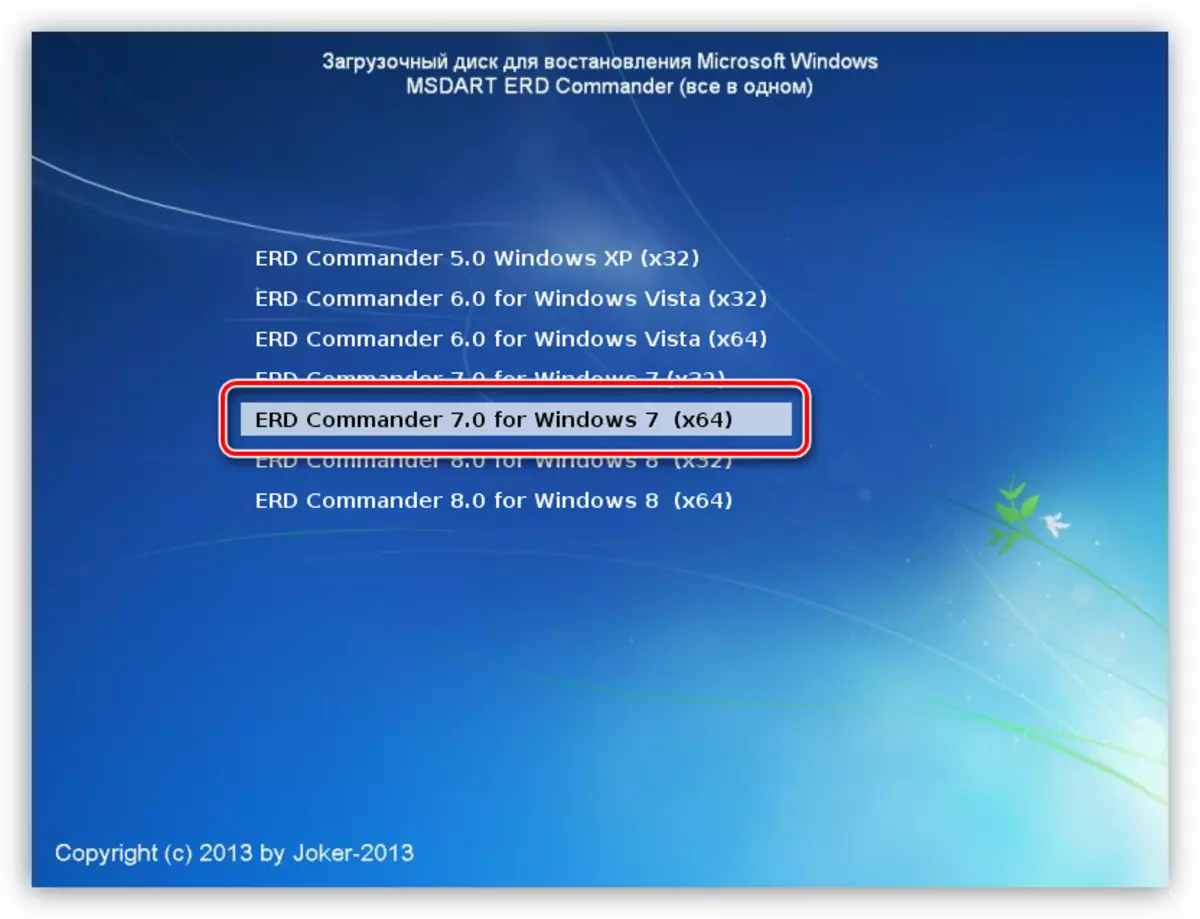 Избор на Windows 7 за подигнување од дистрибуцијата на командантот на ERD