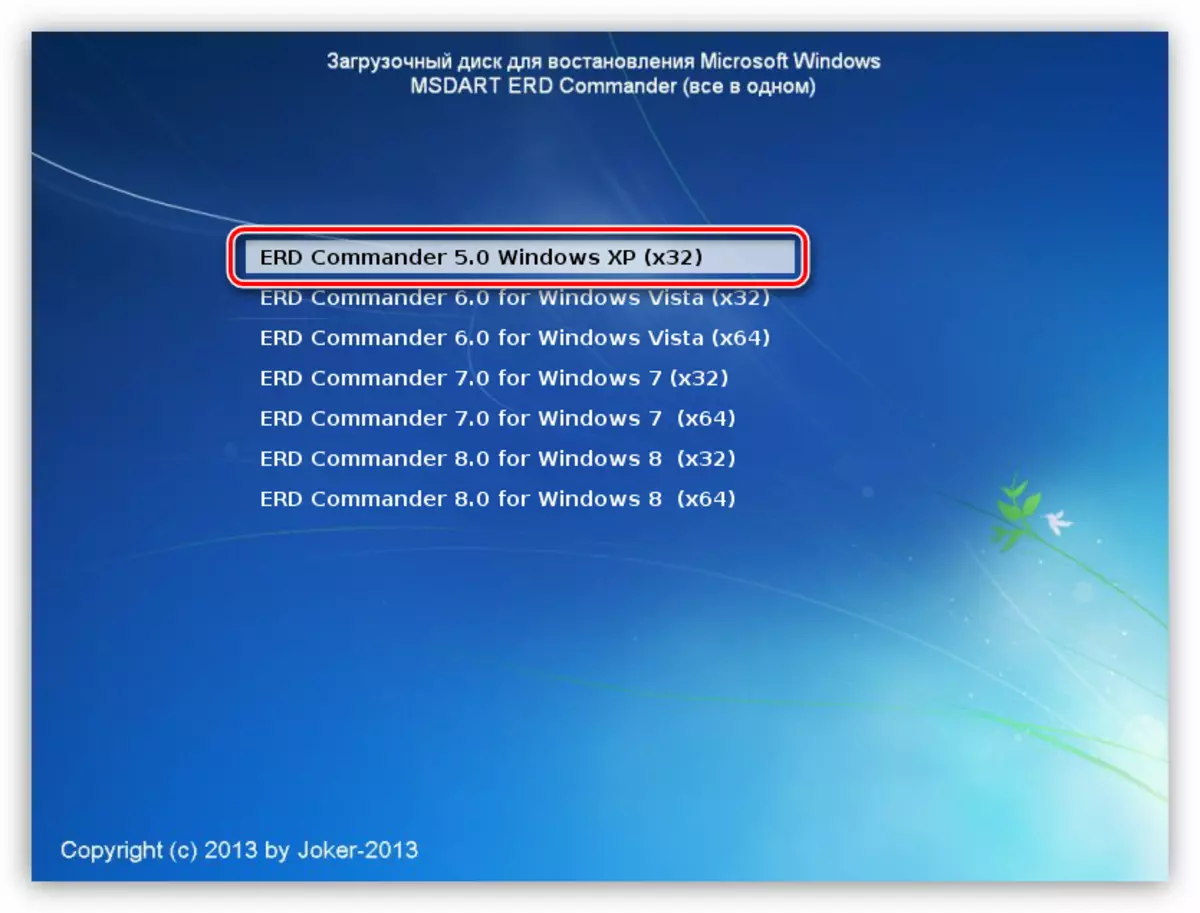 Pagpili ng Windows XP kapag nagda-download mula sa pamamahagi ng ERD Commander